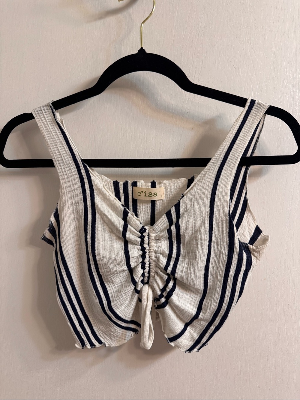 Coastal Navy & White Ruched Front Striped Crop Top Size S